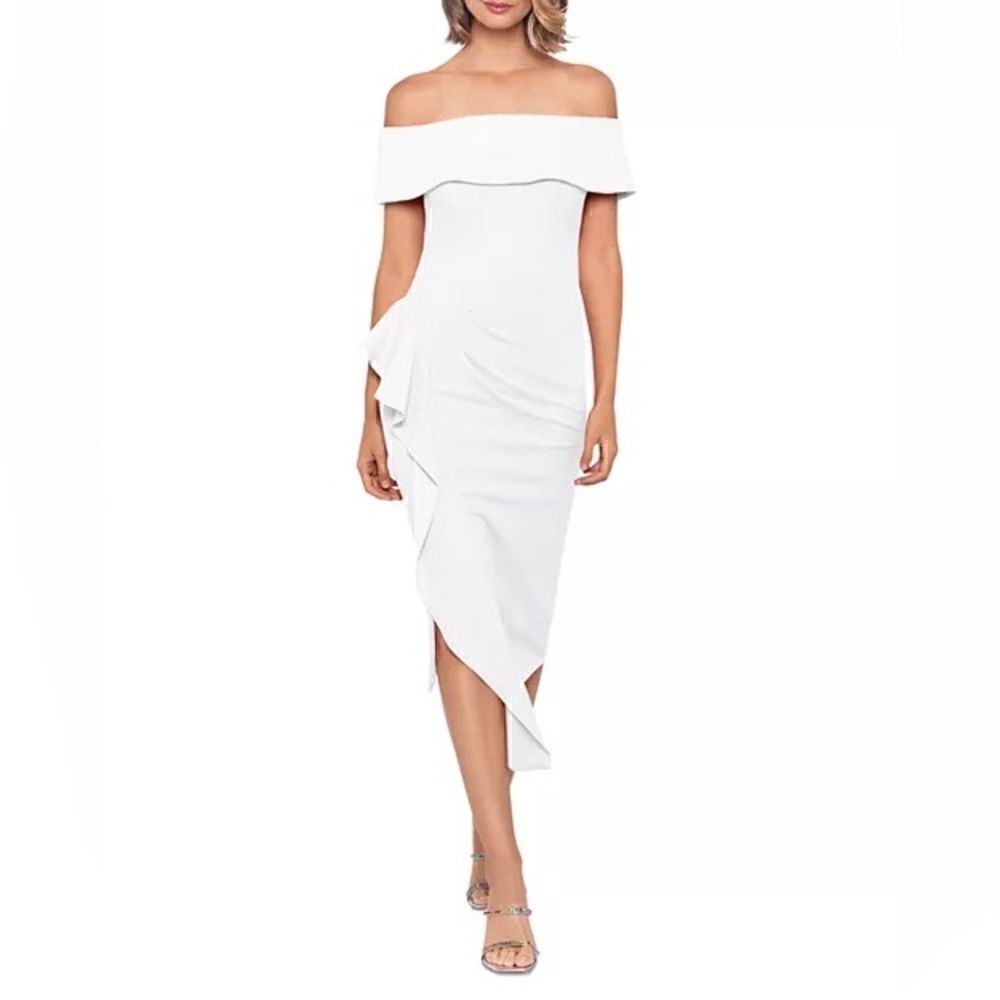 AQUA Off-the-Shoulder Ruffle Midi Sheath Dress - White size 12 New